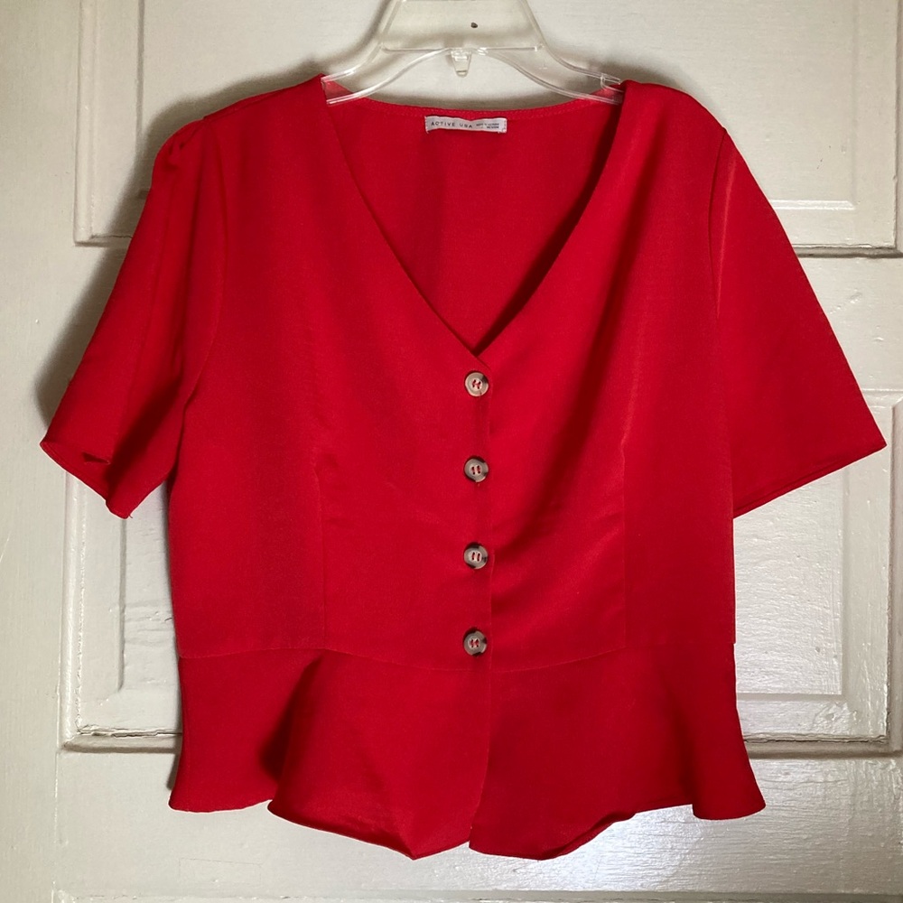 Active USA Red Peplum Button Top